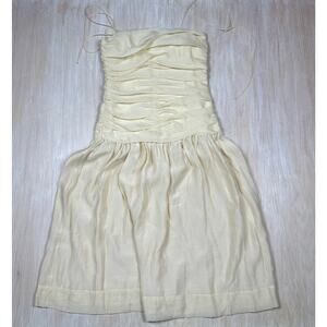Zara Yellow Ruched Linen Blend Spaghetti Strap Fit & Flare Midi Summer Dress M